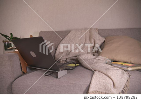 Remote work setup on a sofa for comfort 138799282
