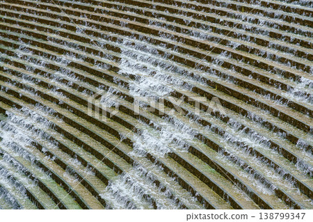 Osaka, Japan - Sep 22 2024, panoramic view from above of the water flowing down the steps of the stone staircase, fountain in Umekita Plaza, without people, at daytime, Osaka, Japan 138799347