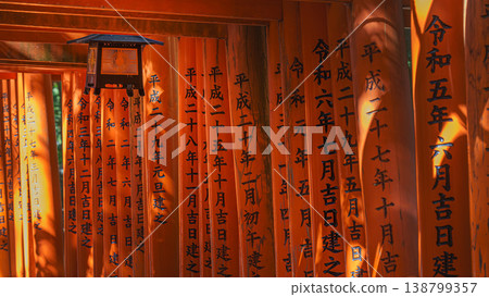 Kyoto, Japan - Sep 23 2024, panoramic view of the corridor of the red gate of Senbon Torii with Japanese inscriptions on the columns, without people, at daytime, Kyoto, Japan Kyoto, Japan - Sep 23 2024, panoramic view of the corridor of the red gate of Senbon Torii with Japanese inscriptions on the columns, without people, at daytime, Kyoto, Japan 138799357