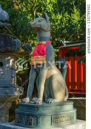 Kyoto, Japan - Sep 23 2024, Close-up view of the stone statue of kitsune, a Japanese fox holding a golden object in its mouth, with red facade of Fushimi-Inari Temple in background, Kyoto, Japan Kyoto, Japan - Sep 23 2024, Close-up view of the stone statue of kitsune, a Japanese fox holding a golden object in its mouth, with red facade of Fushimi-Inari Temple in background, Kyoto, Japan 138799362