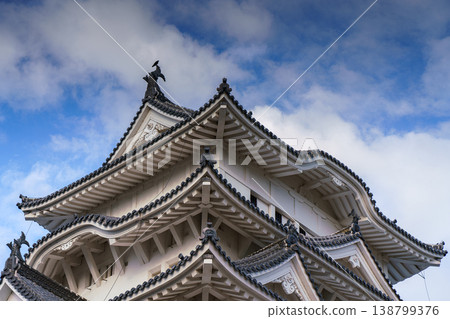 Himeji, Japan - Sep 24 2024, panoramic view of Himeji Castle, White Heron Castle from below, at daytime with blue sky and clouds, without people, Himeji, Japan 138799376