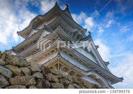 Himeji, Japan - Sep 24 2024, panoramic view of Himeji Castle, White Heron Castle from below, at daytime with blue sky and clouds, without people, Himeji, Japan 138799378