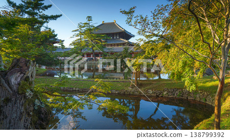 Nara, Japan - Sep 26 2024, Panoramic view across the pond and trees to the facade of Todaiji Temple, Great Buddha Hall, with a blue cloudy sky, Nara, Japan 138799392