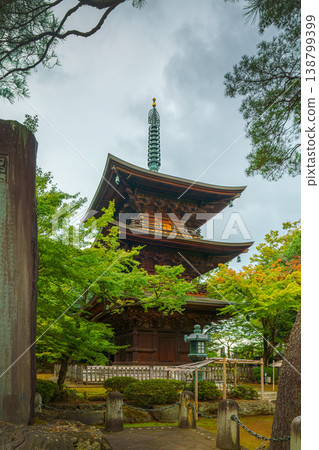 Tokyo, Japan - Sep 30 2024, vertical view of the pagoda surrounded by trees on the grounds of Gotokuji Temple, with cloudy sky, without people, at daytime, Tokyo, Japan Tokyo, Japan - Sep 30 2024, vertical view of the pagoda surrounded by trees on the grounds of Gotokuji Temple, with cloudy sky, without people, at daytime, Tokyo, Japan 138799399