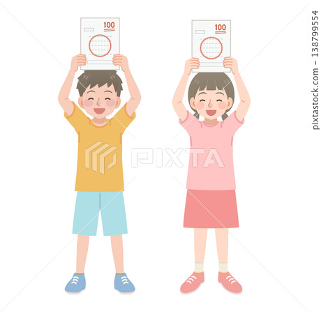 An illustration of an elementary school student who is happy to have gotten a perfect score on a test. 138799554