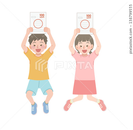 一幅插圖，描繪了一名小學生在考試中獲得滿分後高興的情景。 138799555