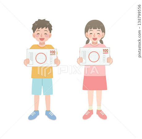An illustration of an elementary school student who is happy to have gotten a perfect score on a test. 138799556
