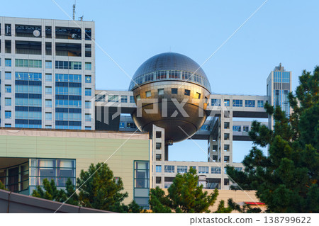Tokyo, Japan - Oct 13 2024, panoramic view of the Fuji TV building with a spherical structure on the 25th floor acting as a viewing platform, at daytime, Tokyo, Japan 138799622