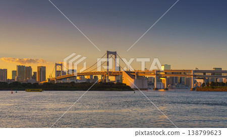 Tokyo, Japan - Oct 13 2024, panoramic view of Tokyo Bay with a cable-stayed Rainbow Bridge above it, a boat and a water bus sailing, at sunset, Tokyo, Japan Tokyo, Japan - Oct 13 2024, panoramic view of Tokyo Bay with a cable-stayed Rainbow Bridge above it, a boat and a water bus sailing, at sunset, Tokyo, Japan 138799623