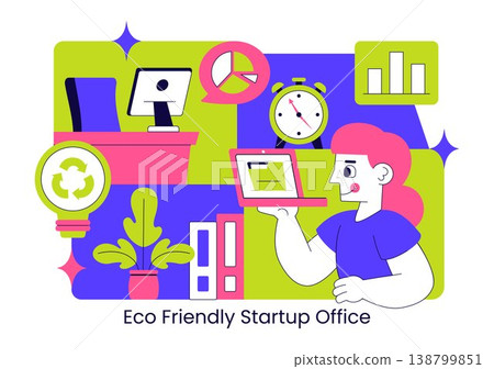 Eco Friendly Startup Office Illustration With Green Workspace Plants, Sustainable Business Interior, and Modern Creative Work Environment Design 138799851