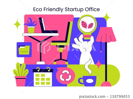 Eco Friendly Startup Office Illustration With Green Workspace Plants, Sustainable Business Interior, and Modern Creative Work Environment Design 138799853