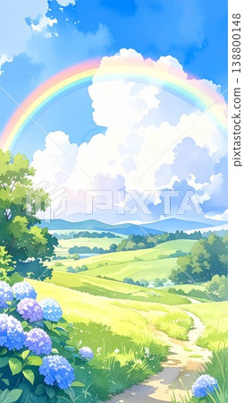 彩虹與繡球花草甸風景：初夏豎版智慧型手機桌布水彩插畫 3 / 傳單與海報素材 138800148
