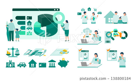 A set of illustrations for household budget management, depicting men and women considering life plans and simulating education fund planning. 138800184