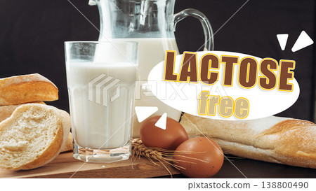 Lactose and gluten free items are shown on a wooden table with milk and bread Lactose and gluten free items are shown on a wooden table with milk and bread 138800490