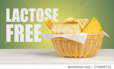 Lactose free cheese in a basket displayed on a table with a green background Lactose free cheese in a basket displayed on a table with a green background 138800532