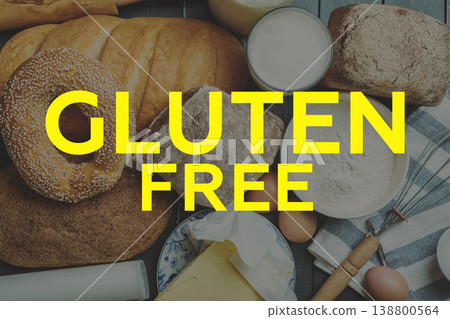 Gluten free ingredients with bread and cooking items on a wooden table 138800564