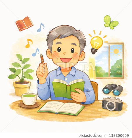 老人，長者，學習，嗜好，閱讀，學習，微笑，書桌，插圖，終身學習，社會教育 138800609