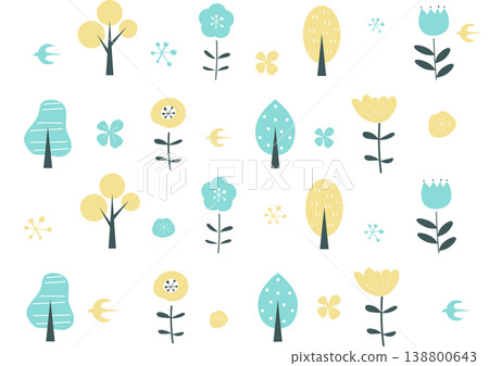 北歐風格的無縫圖案插圖，圖案內容包括花卉、樹木和鳥類。 138800643