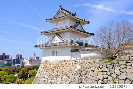 The stone walls and turrets of Akashi Castle under a clear sky, and the city of Akashi. 138800704