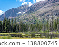 Majestic mountain landscape with lush forest and serene lake under bright sky 138800745