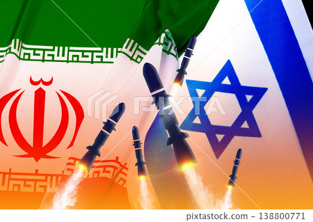 Conflict between Iran and USA in 2026 involving oil bomb with missile launch and flags displayed Conflict between Iran and USA in 2026 involving oil bomb with missile launch and flags displayed 138800771