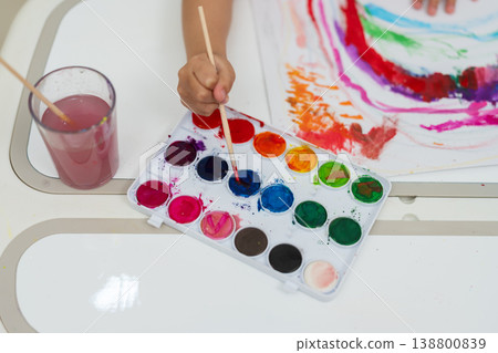 close up of preschool child girl painting on paper with watercolor in pan close up of preschool child girl painting on paper with watercolor in pan 138800839
