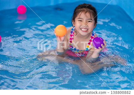 preschool child girl playing in swimming pool in backyard preschool child girl playing in swimming pool in backyard 138800882