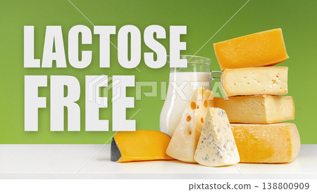 Lactose free dairy products on display with various cheeses and milk Lactose free dairy products on display with various cheeses and milk 138800909