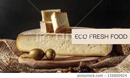 Fresh cheese on a wooden board with olives and details about eco-friendly food options Fresh cheese on a wooden board with olives and details about eco-friendly food options 138800924