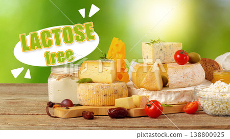 Cheese display with lactose gluten free options on wooden table in natural lighting 138800925