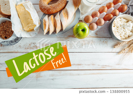 Lactose gluten free food selection with different items on a wooden table 138800955