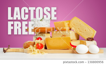 Different types of lactose and gluten free cheese on a wooden board 138800956
