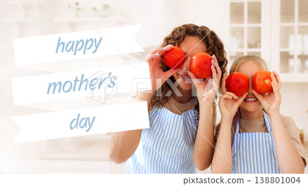 Happy Mother Day celebration with a mother and daughter in the kitchen on May 10 Happy Mother Day celebration with a mother and daughter in the kitchen on May 10 138801004