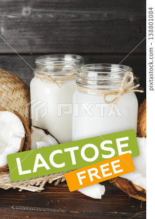 Lactose free products displayed in glass jars with coconuts and natural materials Lactose free products displayed in glass jars with coconuts and natural materials 138801084