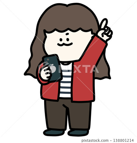 Girl swiping her smartphone widely, wearing a red cardigan, transparent background. Girl swiping her smartphone widely, wearing a red cardigan, transparent background. 138801214