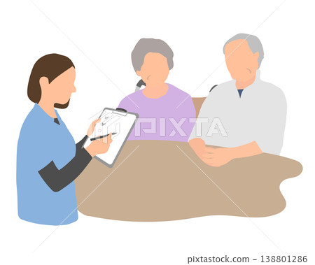 A scene showing an elderly couple and staff members reviewing a checklist during a care consultation. A scene showing an elderly couple and staff members reviewing a checklist during a care consultation. 138801286