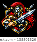 Dynamic illustration of a mighty Spartan warrior wielding a sword, adorned in a classic helmet and flowing red cape. Ideal for sports teams, gaming, or branding representing strength and courage. 138801320
