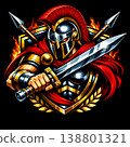 Dynamic illustration of a mighty Spartan warrior in silver armor and red helmet, holding a sword with shield emblem and fiery background. Perfect for strong and historical themes. 138801321