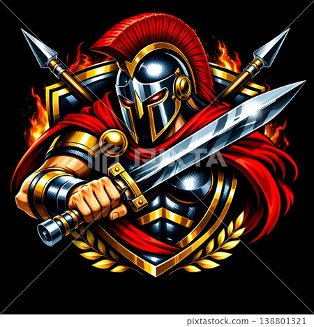 Dynamic illustration of a mighty Spartan warrior in silver armor and red helmet, holding a sword with shield emblem and fiery background. Perfect for strong and historical themes. 138801321