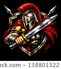 Dynamic illustration of a powerful Spartan warrior holding a sword, featuring a detailed helmet, shield, and red cape against a dark background. Ideal for gaming, sports, or historical themes. 138801322
