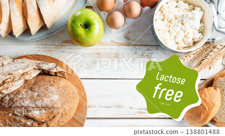 Fresh food spread with lactose and gluten free options on wooden table Fresh food spread with lactose and gluten free options on wooden table 138801488