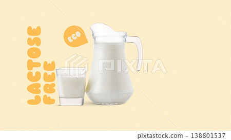 Milk in a pitcher next to a glass, promoting lactose gluten free products for health Milk in a pitcher next to a glass, promoting lactose gluten free products for health 138801537