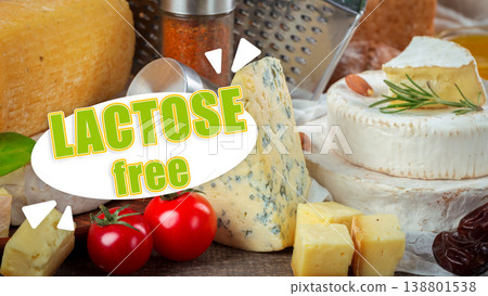 Lactose free food preparation with cheese and vegetables on a wooden table 138801538