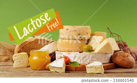 Different cheeses and bread in a display with a note on lactose freedom 138801540