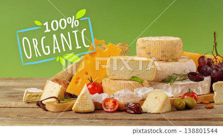 Lactose gluten free cheeses and vegetables on wooden table with green background 138801544