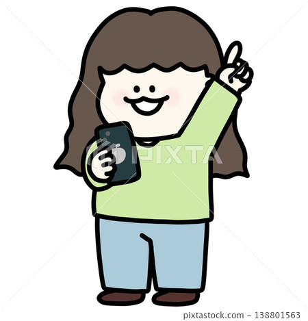 A young woman with brown hair swings her arm wide and taps her smartphone. She is wearing a green long-sleeved shirt and has a transparent background. A young woman with brown hair swings her arm wide and taps her smartphone. She is wearing a green long-sleeved shirt and has a transparent background. 138801563