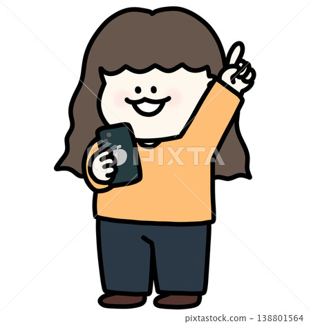 A young woman with brown hair swings her arm back and taps her smartphone. She is wearing an orange long-sleeved shirt and has a transparent background. A young woman with brown hair swings her arm back and taps her smartphone. She is wearing an orange long-sleeved shirt and has a transparent background. 138801564