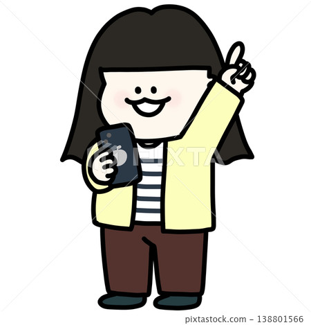 一位黑髮年輕女子，身穿黃色開襟衫，向後擺動手臂，輕點智慧型手機。背景是透明的。 138801566