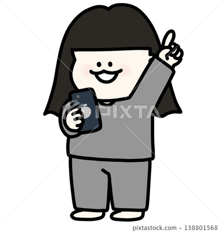 A young woman with black hair swings her arm back and taps her smartphone. She is wearing a gray sweatshirt and has a transparent background. A young woman with black hair swings her arm back and taps her smartphone. She is wearing a gray sweatshirt and has a transparent background. 138801568