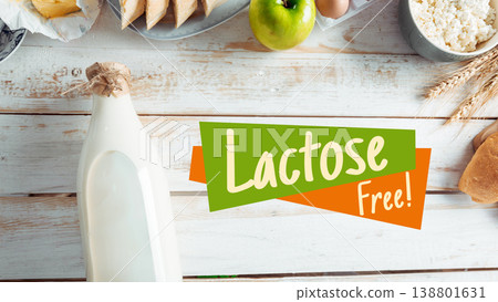 Lactose and gluten free food items arranged on a wooden table for a healthy meal option Lactose and gluten free food items arranged on a wooden table for a healthy meal option 138801631